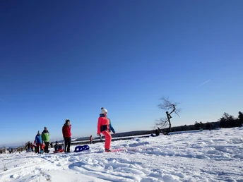 Familie mit Kindern auf Schlitten wandert auf dem Ettelsberg Familie mit Kindern auf Schlitten wandert auf dem Ettelsberg
