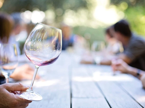 weinglas-am-tisch Das Bild zeigt ein elegant geschwungenes Weinglas, das von einer Hand gehalten wird, während im Hintergrund eine Gruppenversammlung an einem langen Holztisch im Freien stattfindet.