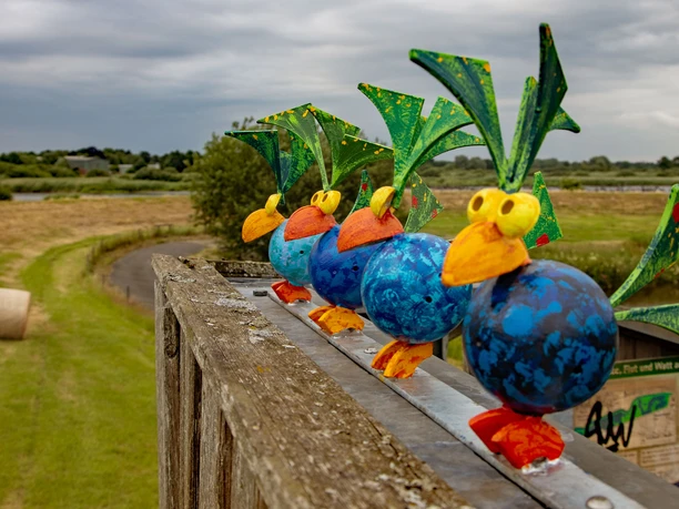 Bunte Vogelschar am Deich Eine Reihe bunter Vogel-Skulpturen auf einem Geländer, mit einer grünen Landschaft im Hintergrund.