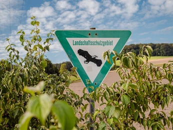 Carolinen Mineralbrunnen - Landschaftsschutzgebiet Ein dreieckiges Schild mit einem schwarzen Eichhörnchen weist auf ein Landschaftsschutzgebiet hin.
