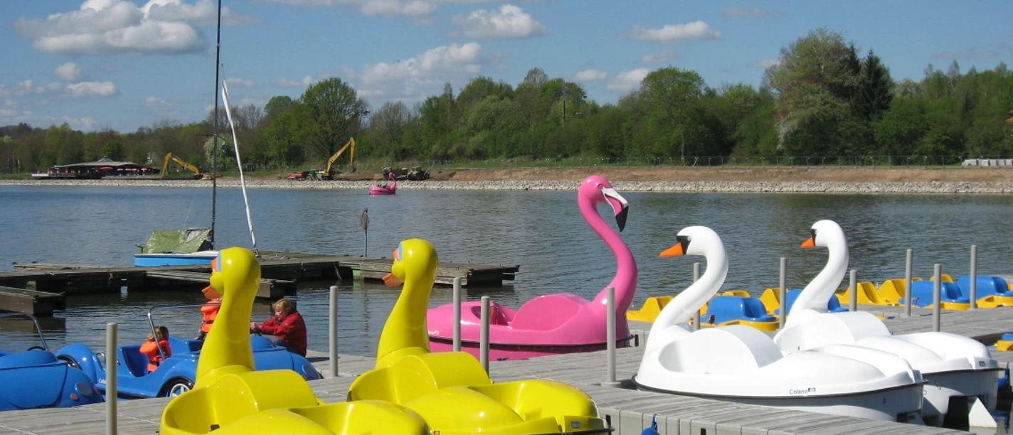 Tretboote schwimmen auf einem See, darunter gelbe Enten- und weiße Schwanboote unter blauem Himmel.