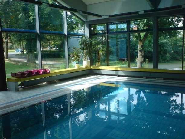 Großer Innenpool mit klaren blauen Wasser, umgeben von hohen Fenstern und grünen Pflanzen.