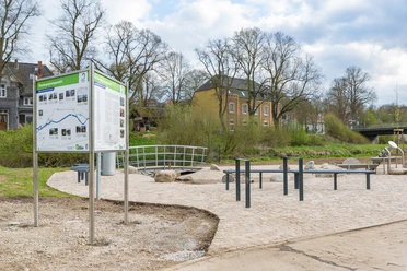 Flussbegegnungspunkt4.jpg Informationsschild und Sitzgelegenheiten an einem Flussufer mit angrenzendem Park und historischen Gebäuden.