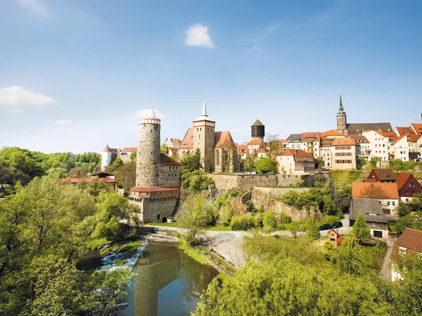 St. Michael's Church surrounded by the historic town center, castle towers and river in a green wooded area.