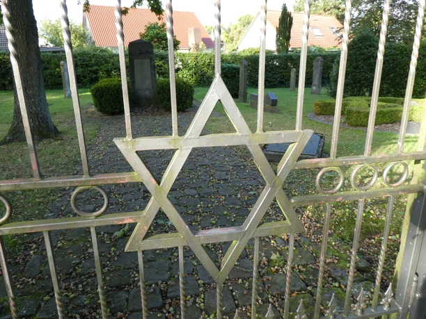 A historic cemetery gate with a Star of David; behind it, gravestones on a tree-lined grounds.
