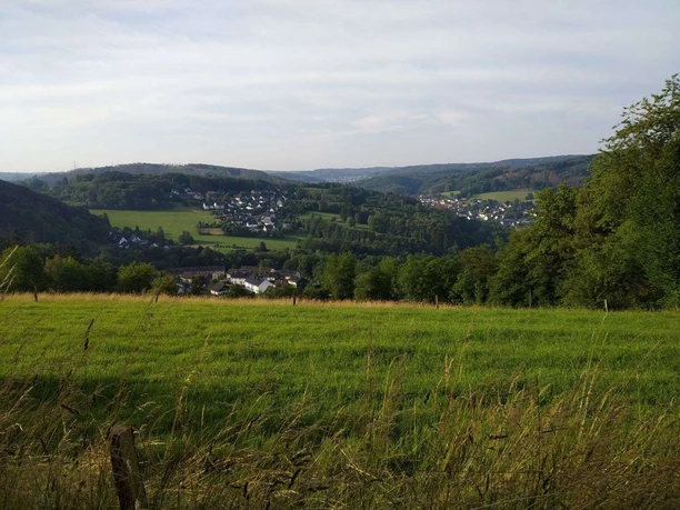 Wegstrecke Lehrpfad Blick auf Buschhausen Grüne Wiesen und Wälder mit einer Ansammlung von Häusern in einem weitläufigen, hügeligen Tal.