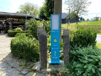 E-Bike Ladestation Eine blaue Elektroladestation für Fahrräder, platziert zwischen zwei Steinen, umgeben von Grünpflanzen.
