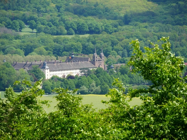 Weg der Stille - Blick auf Corvey Das barocke Kloster Corvey erhebt sich majestätisch vor einer dichten, grünen Waldlandschaft.