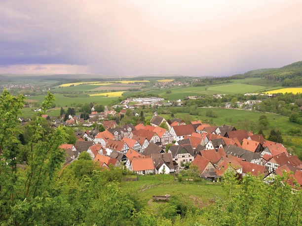 Blick auf Schwalenberg Roter Ziegeldächer-Ort Schwalenberg, eingebettet in grüne Wälder und Felder unter bewölktem Himmel.