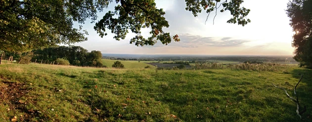 Weite Landschaft mit grünen Wiesen und sanften Hügeln unter wolkenbedecktem Himmel in der Ferne.