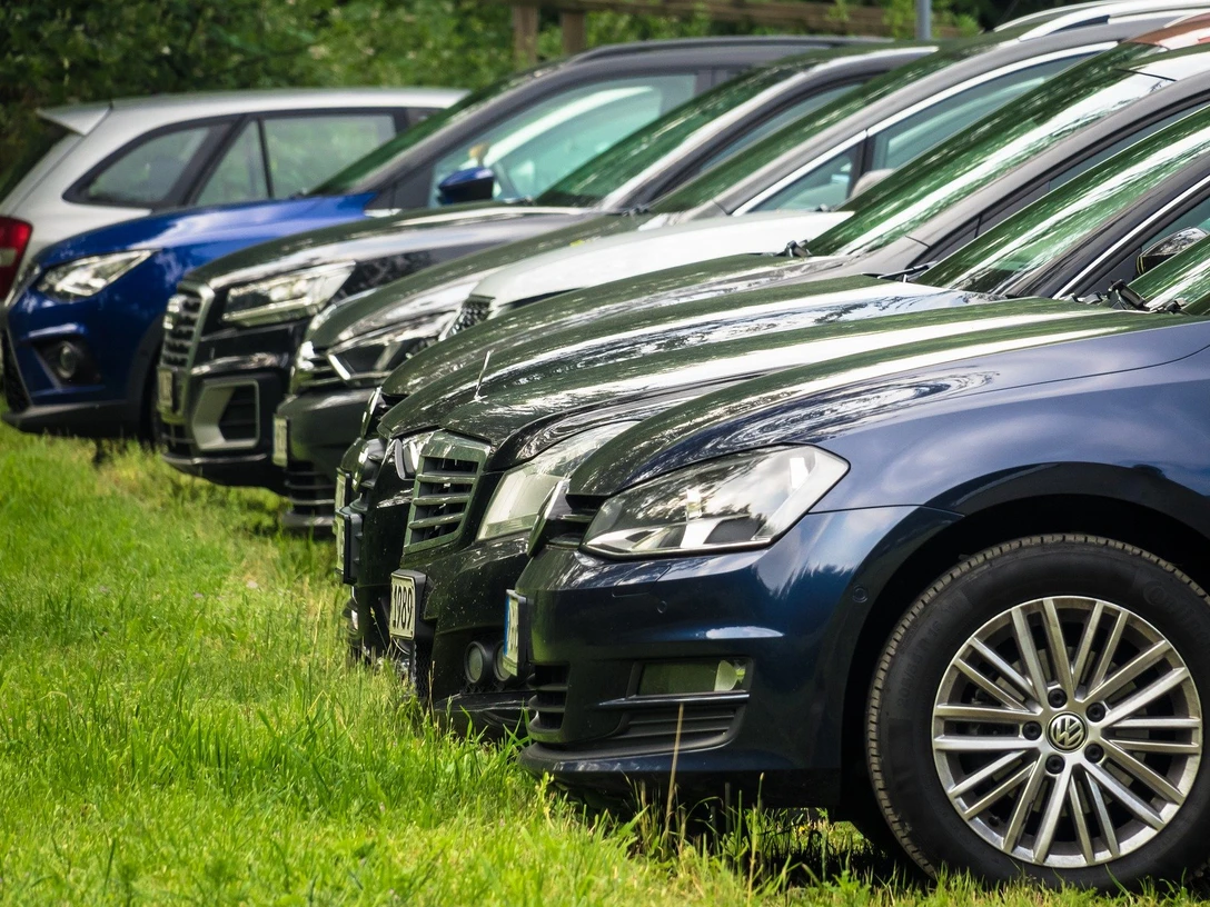 Reihe von geparkten Autos auf einer grasbewachsenen Fläche, grün umgeben. Row of parked cars on a grassy area, surrounded by greenery.