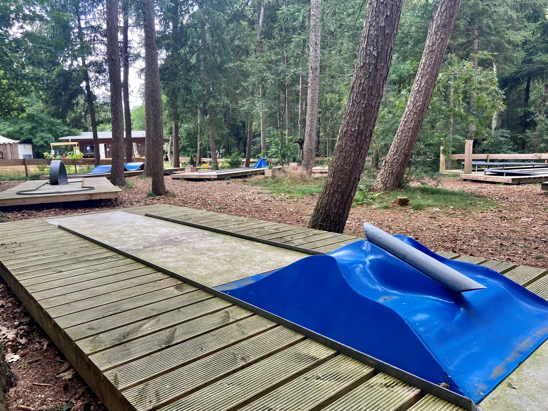 Minigolf im Wald.jpg Minigolfanlage im dichten Wald, gepflegte Bahnen, naturbelassene Umgebung mit hohen Bäumen.