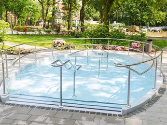 Kneippbecken-Bad-Zwischenahn-Sommer Sommerliches Kneippbecken im Park, umgeben von grünen Bäumen und Blumen, mit Edelstahlgeländern.