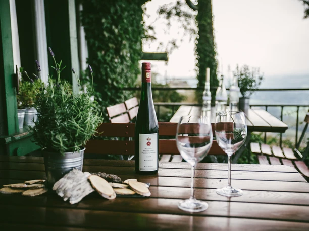 A wine bottle and two empty wine glasses stand on a wooden table on a terrace with a view of the greenery, surrounded by plants.
