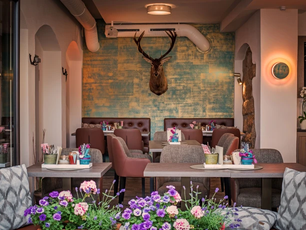 Restaurant Platzhirsch in Pirna Gemütliches Café mit braunen Sesseln, blumengeschmückten Tischen und einem Hirschkopf an der türkis-gelben Wand, im Vordergrund bunte Blumen.