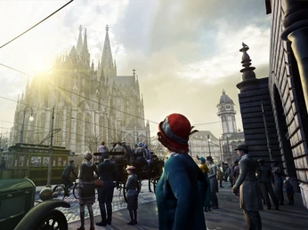 TimeRide Cologne: Cologne 1926 Historische Szenerie in Köln, belebt mit Menschen in Kleidung der frühen 20er Jahre. Der imposante Kölner Dom thront im Hintergrund, während Passant*innen und ein nostalgisches Auto die Szene beleben.Historic scene in Cologne, enlivened by people in clothing from the early 1920s. The imposing Cologne Cathedral towers in the background, while passers-by and a nostalgic car enliven the scene.