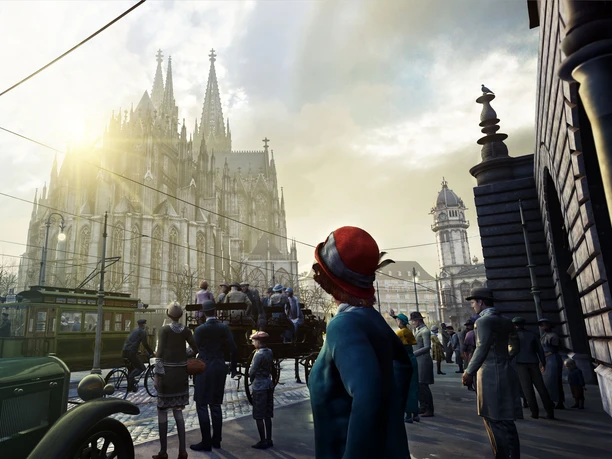 TimeRide Köln: Köln 1926 Historische Szenerie in Köln, belebt mit Menschen in Kleidung der frühen 20er Jahre. Der imposante Kölner Dom thront im Hintergrund, während Passant*innen und ein nostalgisches Auto die Szene beleben.