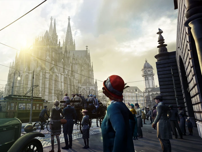 TimeRide Köln: Köln 1926 Historische Szenerie in Köln, belebt mit Menschen in Kleidung der frühen 20er Jahre. Der imposante Kölner Dom thront im Hintergrund, während Passant*innen und ein nostalgisches Auto die Szene beleben.Historic scene in Cologne, enlivened by people in clothing from the early 1920s. The imposing Cologne Cathedral towers in the background, while passers-by and a nostalgic car enliven the scene.