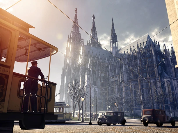TimeRide Cologne: Cologne 1926 Historic streetcar in front of the monumental and imposing Cologne Cathedral in 1926.