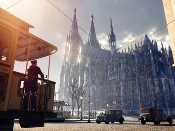 TimeRide Köln: Köln 1926 Historische Straßenbahn vor dem monumentalen und imposanten Kölner Dom im Jahr 1926.Historic streetcar in front of the monumental and imposing Cologne Cathedral in 1926.