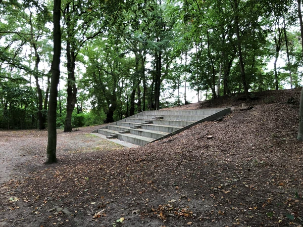 Stufen aus Stein führen durch einen bewaldeten Bereich einer Freilichtbühne unter hohen Bäumen.