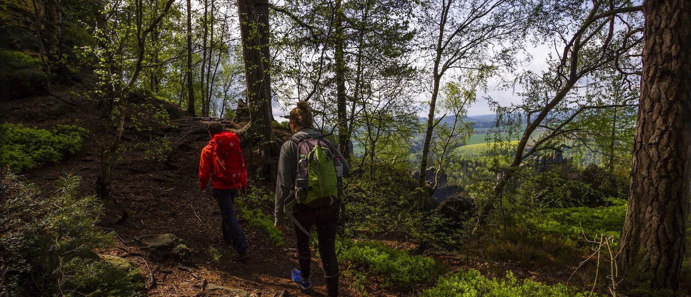 wanderer-in-der-saechsischen-schweiz.jpg Zwei Wanderer erkunden einen waldreichen Pfad in der Sächsischen Schweiz.