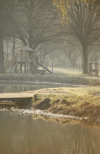 Ein ruhiger Teich in Etteln, umgeben von Bäumen und einem Holzsteg, im morgendlichen Nebel.