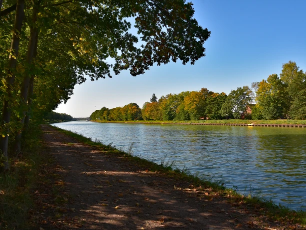 Groen pad langs een breed kanaal, omzoomd met herfstbomen en blauwe lucht.
