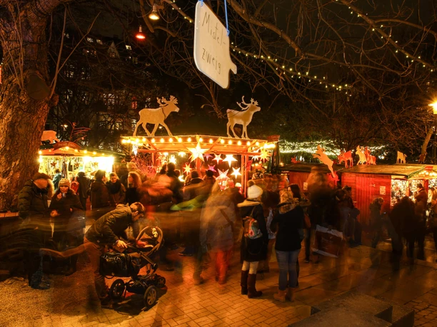 Weihnachtsmarkt im Stadtgarten Ein belebter Weihnachtsmarkt im Stadtgarten Köln bei Nacht, mit leuchtenden Ständen und Menschen.