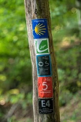 Wandern am Eifgenbachweg Pilgerweg-Schilder an einem Baumstamm im Wald, verschiedene Routen und Wegnummern.