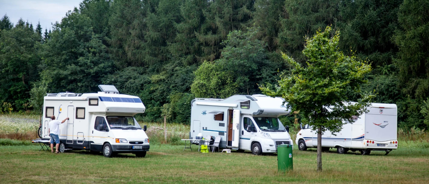 Wohnmobile Lopausee Drei weiße Wohnmobile parken auf einer grünen Wiese vor einem Wald am Lopausee.