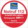 Rundes Notruf-Schild für den Viadukt-Wanderweg mit Rettungspunkt ABK1-1 und Standortangabe.
