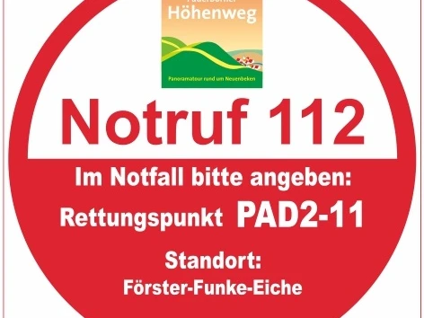 Rettungspunkt PAD2-11 Roter Notrufpunkt mit Beschriftung für Rettung: PAD2-11, Standort Förster-Funke-Eiche.
