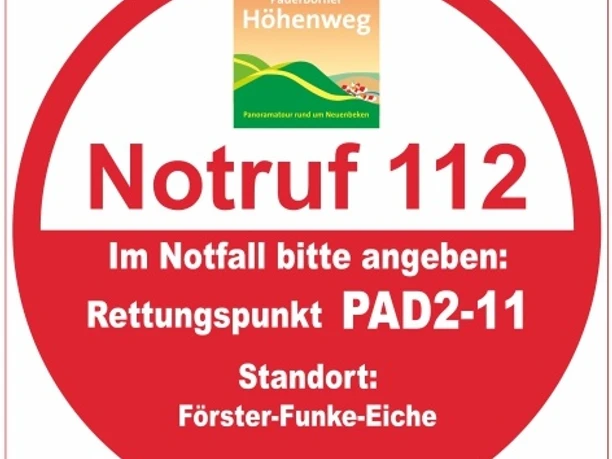 Rettungspunkt PAD2-11 Roter Notrufpunkt mit Beschriftung für Rettung: PAD2-11, Standort Förster-Funke-Eiche.