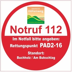 Notfallinformation für Rettungsdienste am Paderborner Höhenweg mit Rettungspunkt PAD2-16.