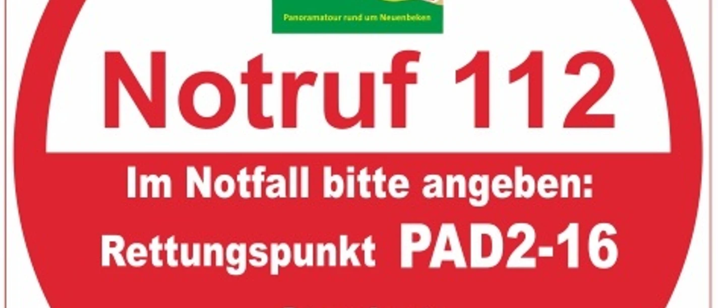 Rettungspunkt PAD2-16 Notfallinformation für Rettungsdienste am Paderborner Höhenweg mit Rettungspunkt PAD2-16.