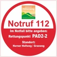 Rettungspunkt PAD2-2 am Paderborner Höhenweg für Notfälle an Horner Hellweg/Grasweg, Notruf 112.