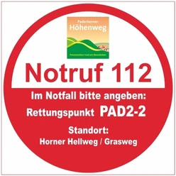 Rettungspunkt PAD2-2 Rettungspunkt PAD2-2 am Paderborner Höhenweg für Notfälle an Horner Hellweg/Grasweg, Notruf 112.