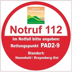 Rettungspunkt PAD2-9 Rettungspunkt PAD2-9 am Paderborner Höhenweg für Notfälle nahe Hasenhohl/Krayenberg-Ost.