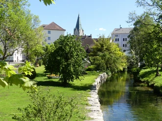 Mittleres Paderquellgebiet Flusslauf im grünen Park, umgeben von Bäumen und historischen Gebäuden mit Kirchturm im Hintergrund.