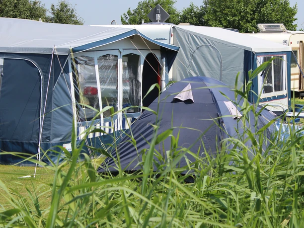 Campingplatz Aggen_1.JPG Ein blauer Campingbus mit geöffnetem Vorzelt, dahinter grüne Pflanzen und weiterer Zelte.
