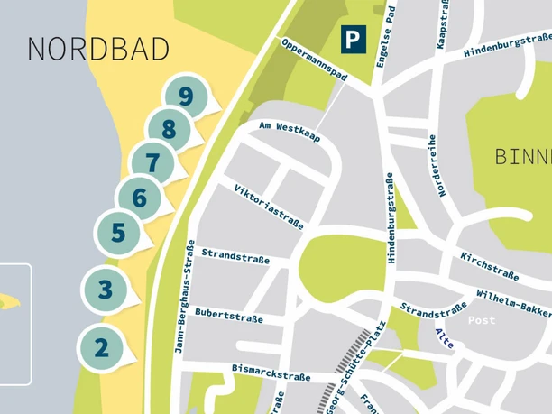Karte der Strandzeltvermietung mit markiertem Nordbad, nummerierten Zeltplätzen und nahegelegenen Straßen.