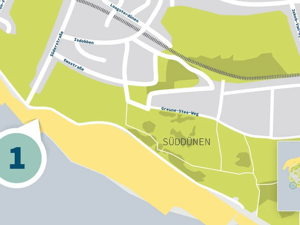 Strandzertvermietung Karte Südstrand Die Karte zeigt den Südstrand mit umliegenden Straßen und Dünen. Eine Markierung kennzeichnet Position 1.