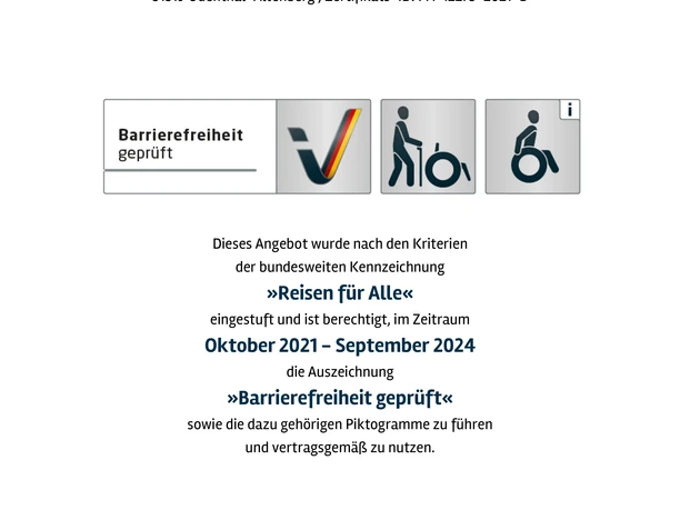 Zertifikat "Reisen für alle" Urkunde für den Altenberger Dom-Laden, zertifiziert für Barrierefreiheit von Oktober 2021 bis 2024.