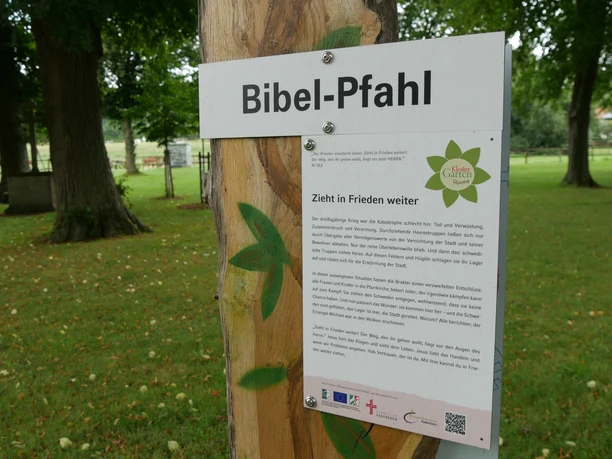 Holzpfahl im Grünen mit Beschilderung zu einem Bibelzitat, umgeben von hohen Bäumen.