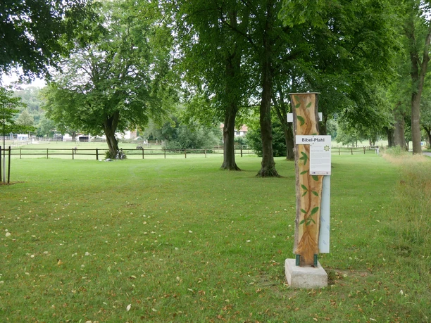 Bibel-Pfahl Brakel Ein Holzpfahl mit Bibelversen steht auf einer grünen Wiese, umgeben von hohen Bäumen.