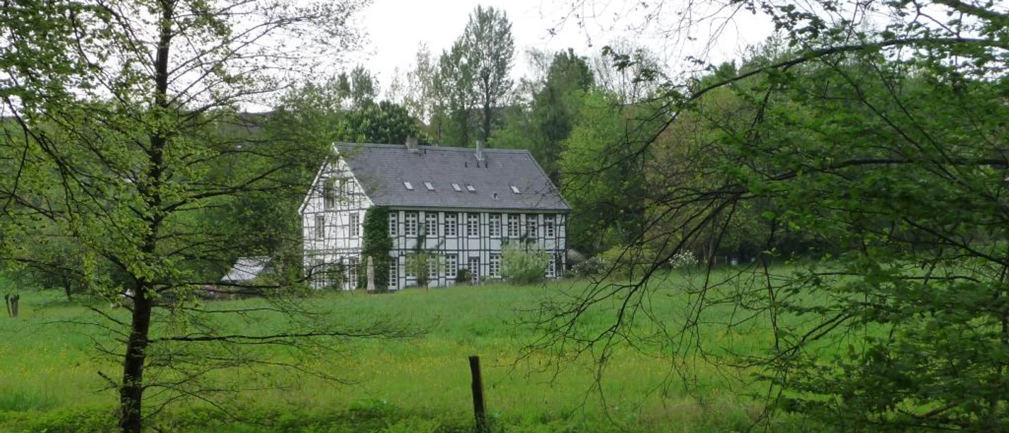 Brucher Kotten von der Itterseite aus Historisches Fachwerkgebäude am Fluss, umgeben von grüner Wiese und Bäumen im Hintergrund.