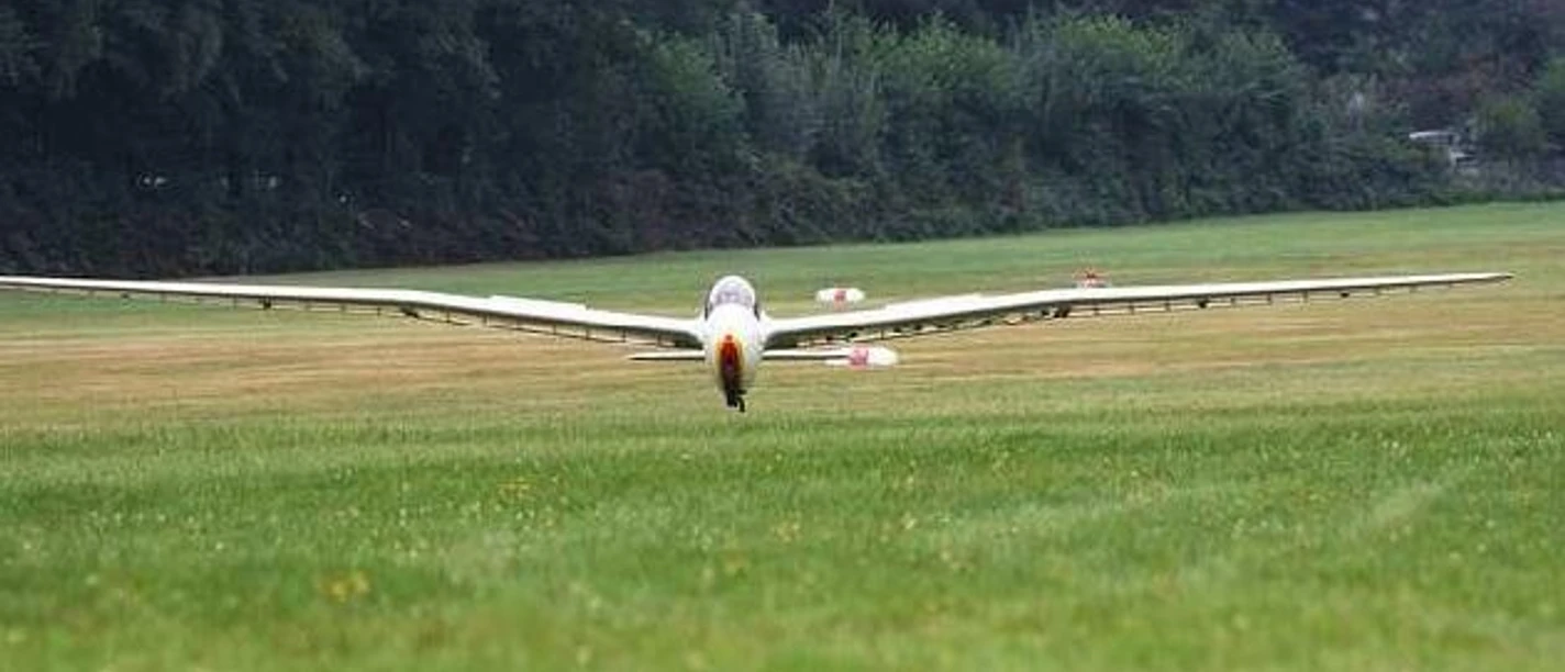 LSG Erbslöh Ein Segelflugzeug im Landeanflug auf eine grüner Landingstrip mit Waldrand im Hintergrund.
