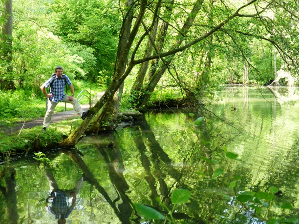 Schöner See im Morper Park bei Erkrath Ein Mann steht auf einem Pfad am See im Morper Park, umgeben von grünen Bäumen und einem stillen Gewässer.