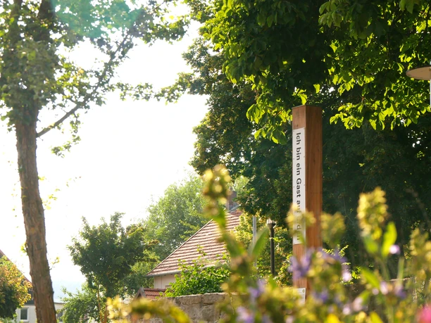 Bibel-Pfahl Bonenburg Ein Holzpfahl mit Bibelzitat, umgeben von blühenden Pflanzen, unter schattenspendenden Bäumen.